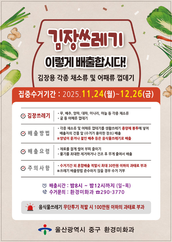 울산 중구는 오는 24일부터 다음 달 26일까지를 ‘김장철 음식물 쓰레기 집중 수거 기간’으로 정한다고 17일 밝혔다. 울산 중구청 제공